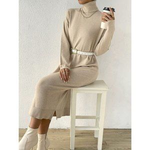 SHEIN Turtle Neck Drop Shoulder Slit Hem Sweater Dress without Belt